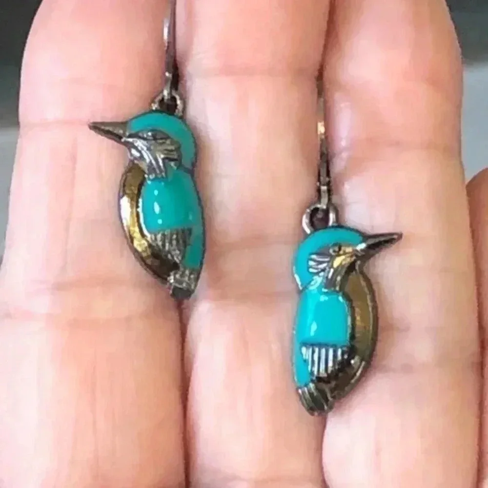 Pretty Turquoise Color Gray Grey Bird Hummingbird Drop Earrings NWT